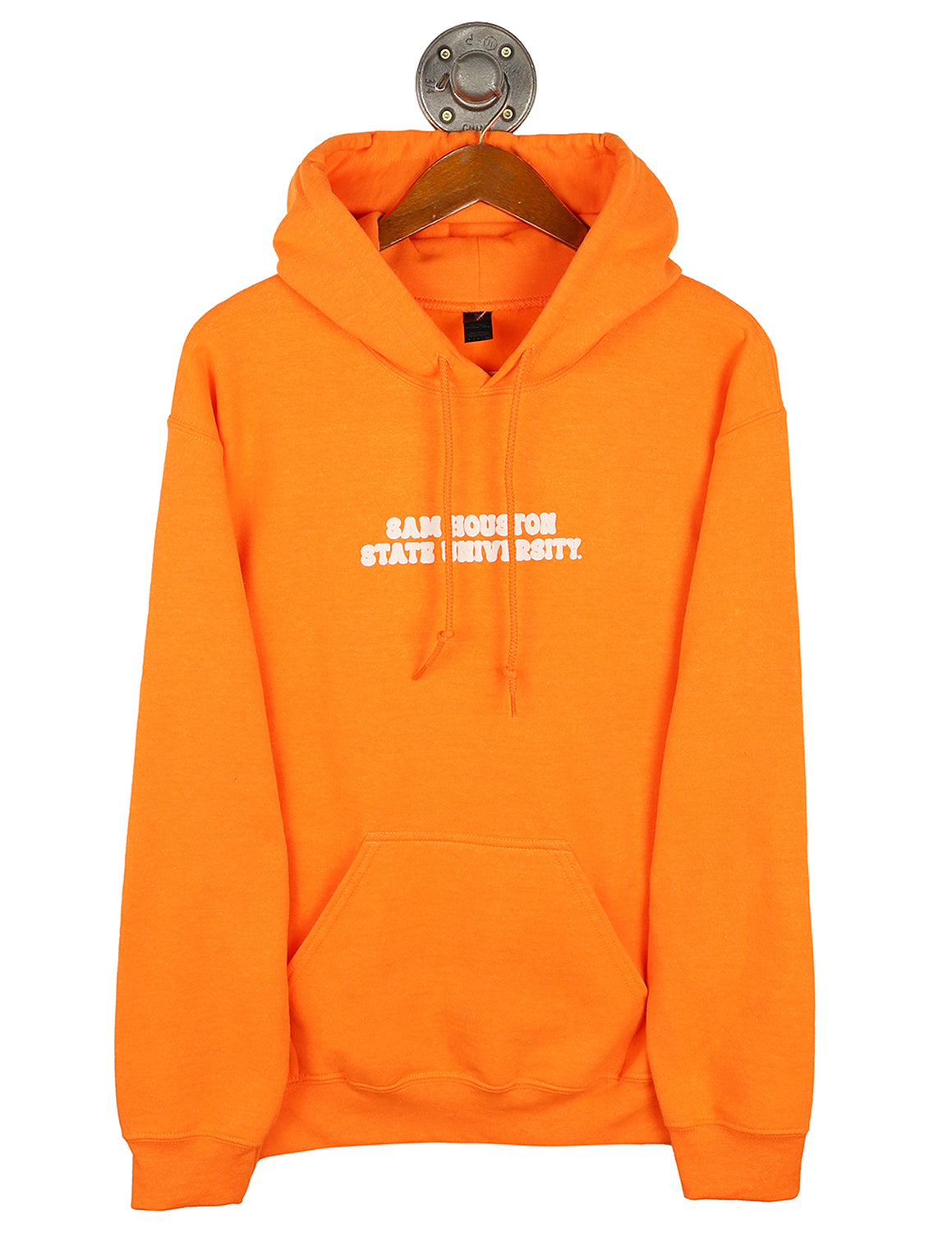 Orange Sam Houston State University unisex hoodie that features small white puff lettering in the center.