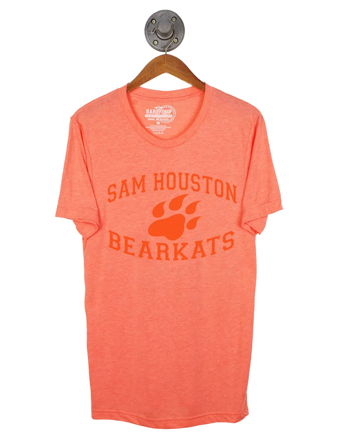 Orange unisex Sam Houston State University t-shirt featuring a Bearkat Paw logo and orange lettering.