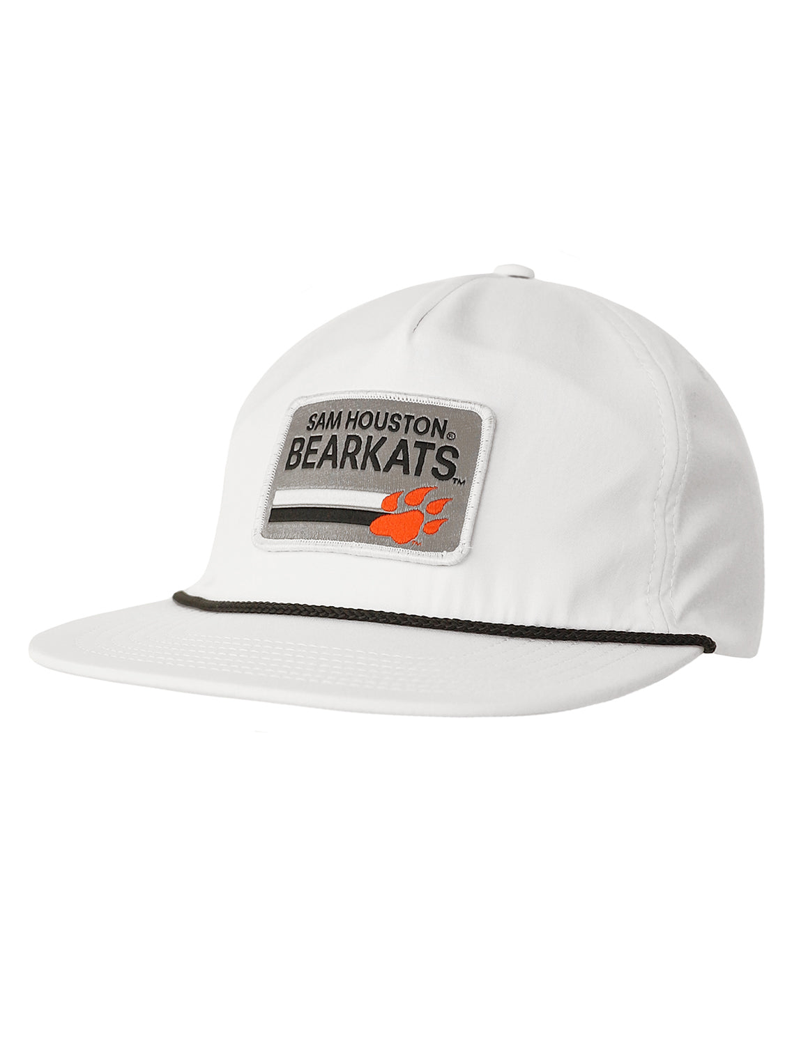 White Sam Houston State University hat that features a black brim rope detail with a Sam Houston Bearkats patch.