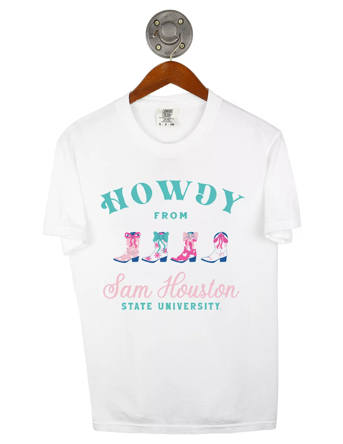 White Sam Houston State University Comfort Colors unisex t-shirt featuring a colorful cowboy boots graphic with pink and blue lettering.