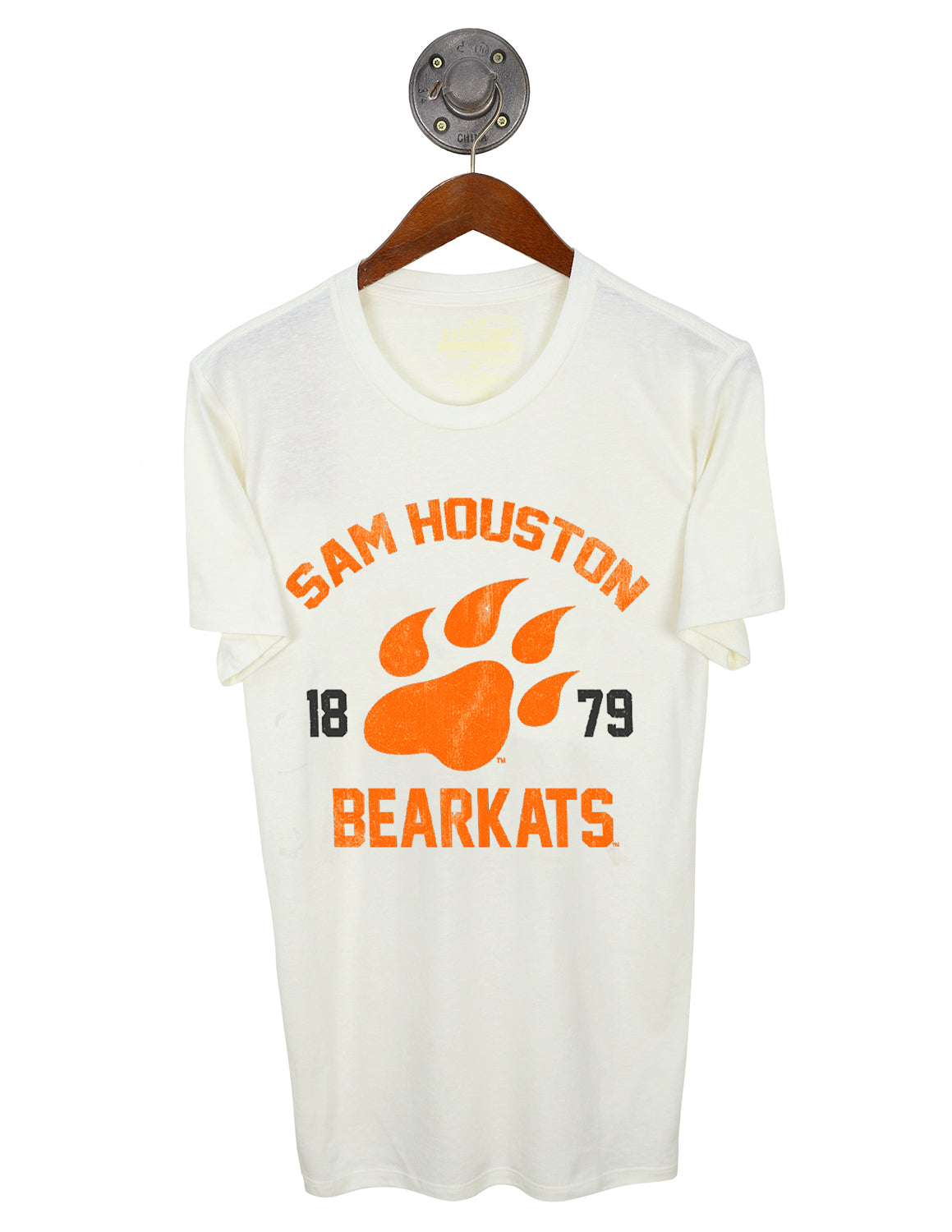 White Sam Houston State University unisex t-shirt with a Bearkat Paw Logo and orange and black lettering.