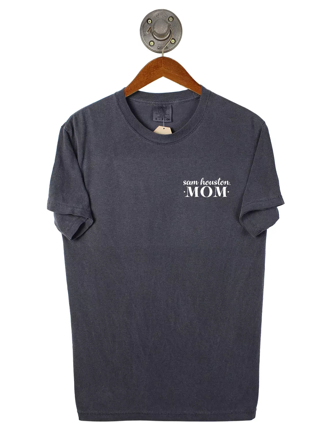 Grey Sam Houston State University unisex Comfort Colors t-shirt that features a left chest design with "mom" text.