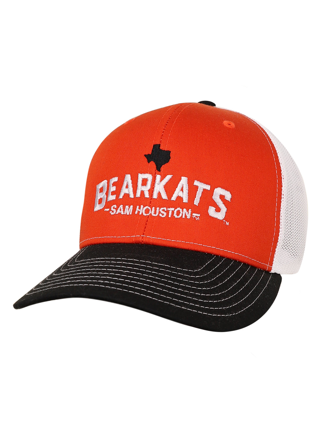 Orange Sam Houston State University unisex hat featuring a white mesh back with a black brim. The hat also features white embroidery lettering and a black silhouette of the state of Texas above on the front.