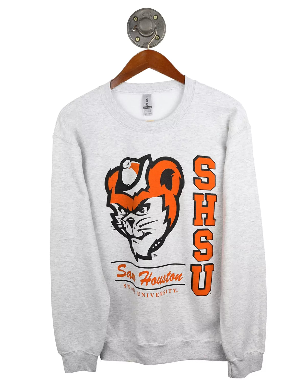 Ash grey Sam Houston State University Gildan unisex crewneck sweatshirt with a Bearkat logo and SHSU lettering.
