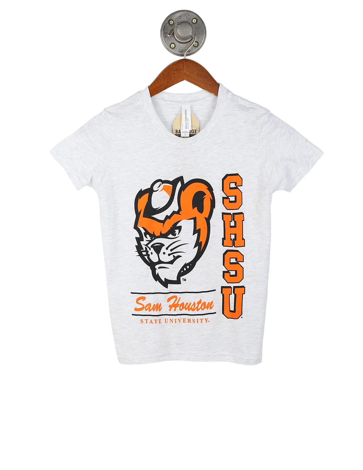Ash grey Sam Houston State University youth short-sleeve t-shirt with a Bearkats logo and orange and black lettering.