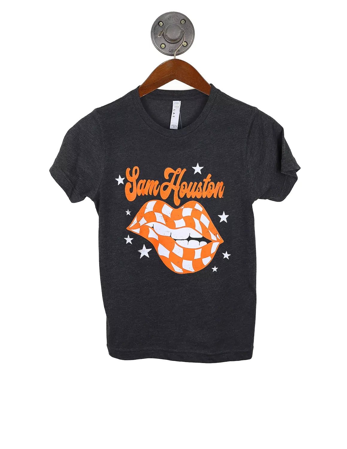Black youth Sam Houston State University t-shirt that features a checkered lips graphic with white stars and orange lettering.
