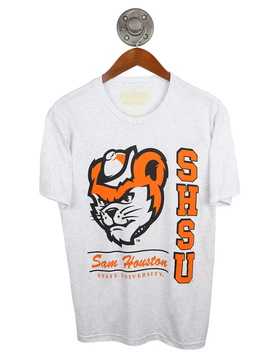 Heather white Sam Houston State University short-sleeve unisex t-shirt with orange and black lettering and a Bearkat logo.