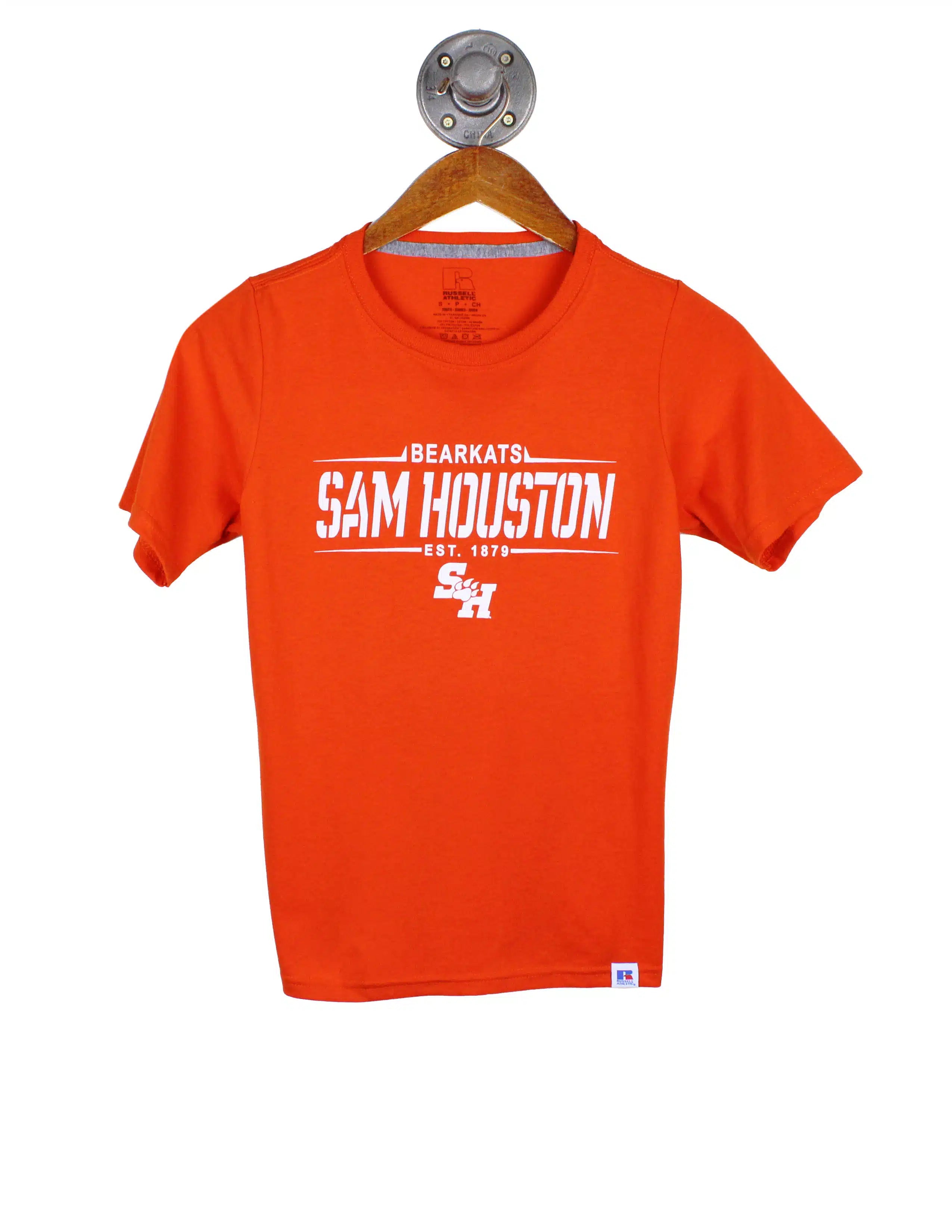 Orange Sam Houston State University youth Russell t-shirt with white lettering.