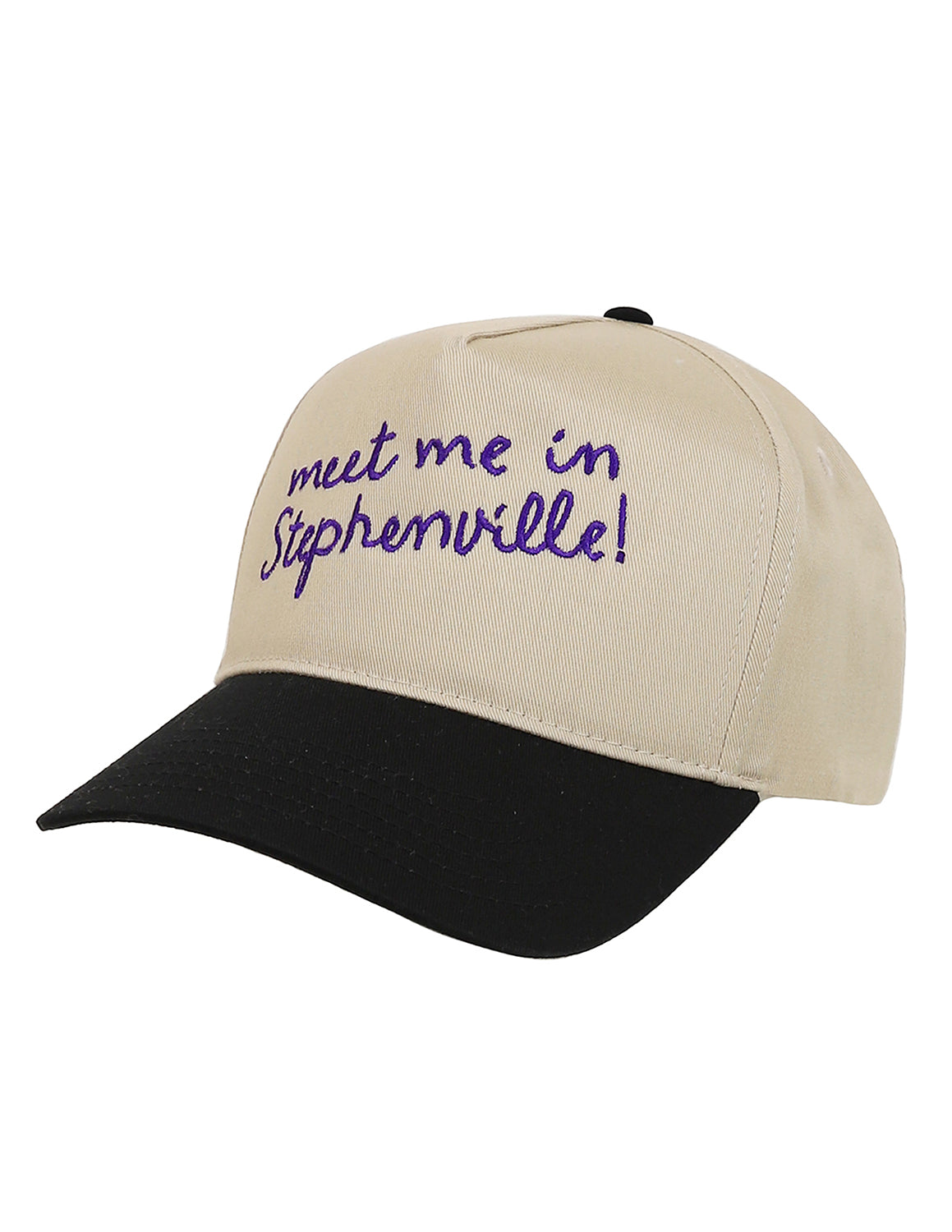 Khaki and black Stephenville, TX unisex trucker cap that features purple stitching.
