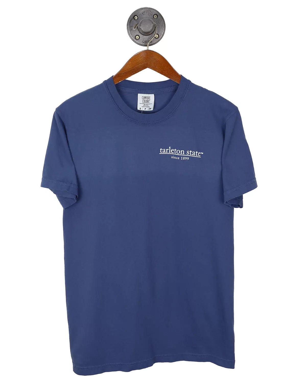 Blue unisex Tarleton State University Comfort Colors t-shirt featuring a white left chest design.