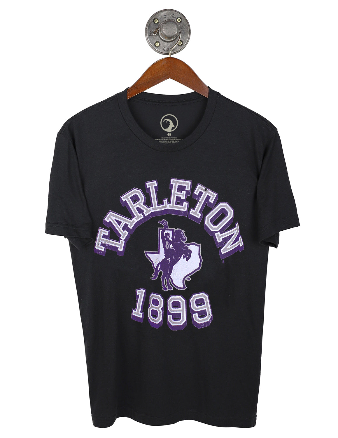 Graphite black unisex Tarleton State University t-shirt that features a Texan Rider logo in the center with white, purple, and grey lettering.