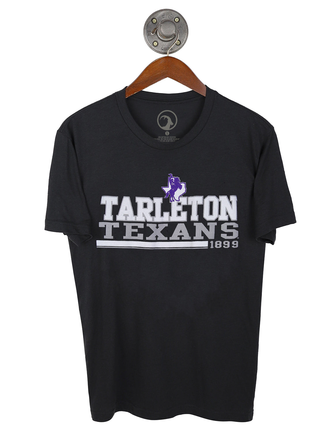 Graphite black unisex Tarleton State University t-shirt that features grey and white lettering with a Tarleton State Logo.