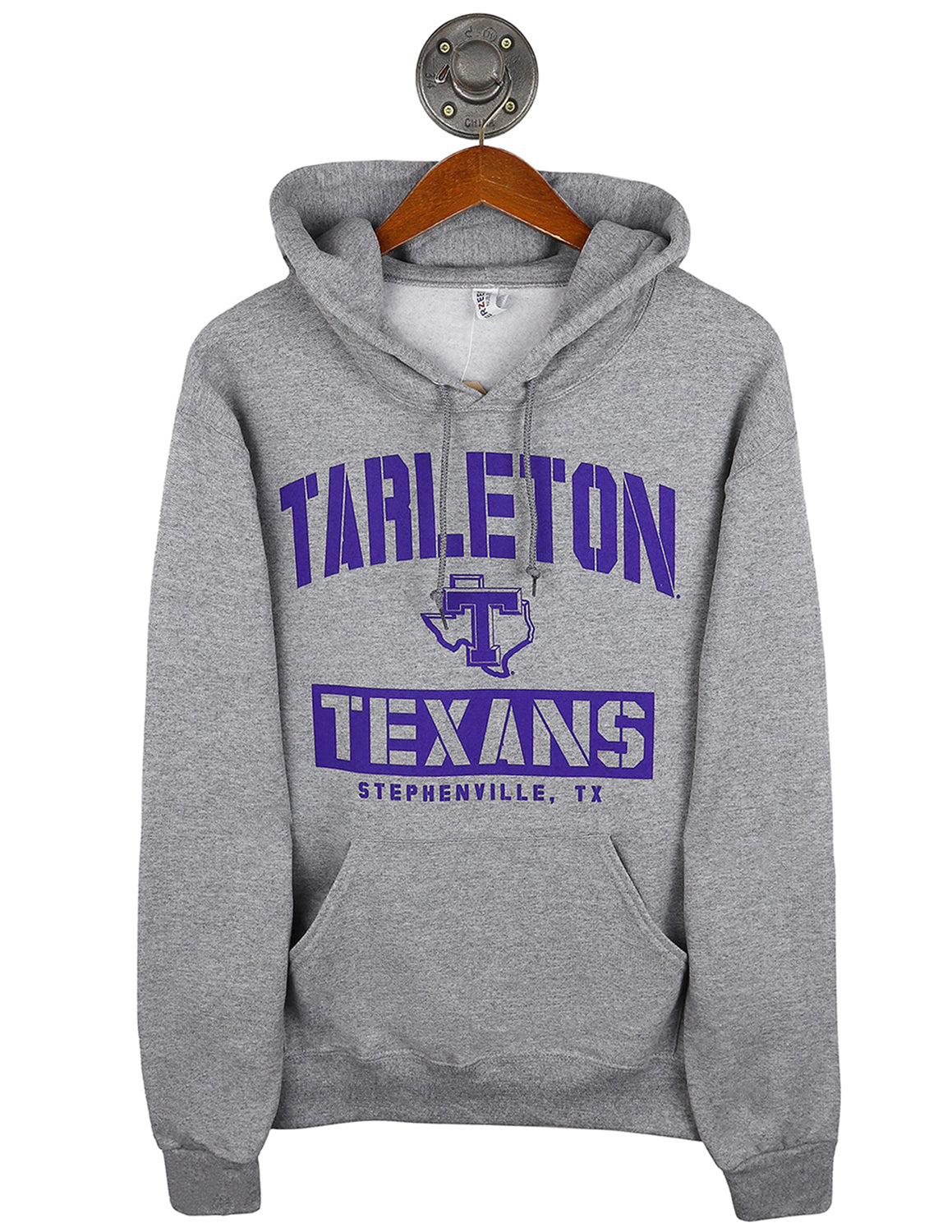 Heather grey Tarleton State University unisex hoodie that features a TSU logo with purple lettering.