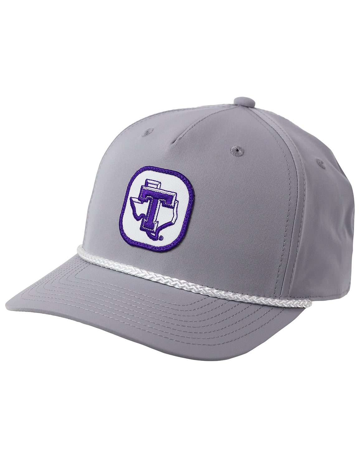 Grey Tarleton State University rope hat that features a white brim rope detail and a patch on the front.