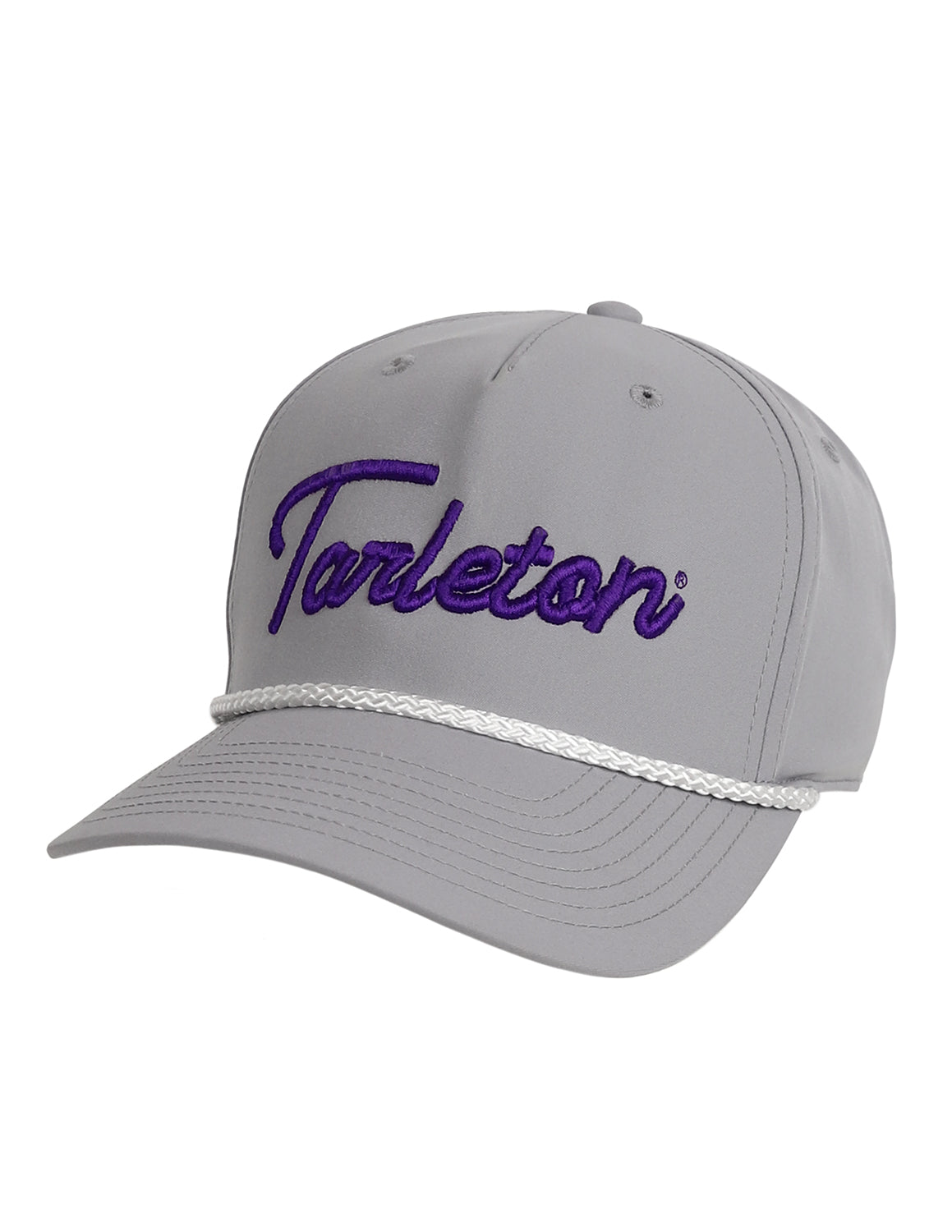 Grey Tarleton State University rope hat that features a white brim rope detail and purple stitching on the front.