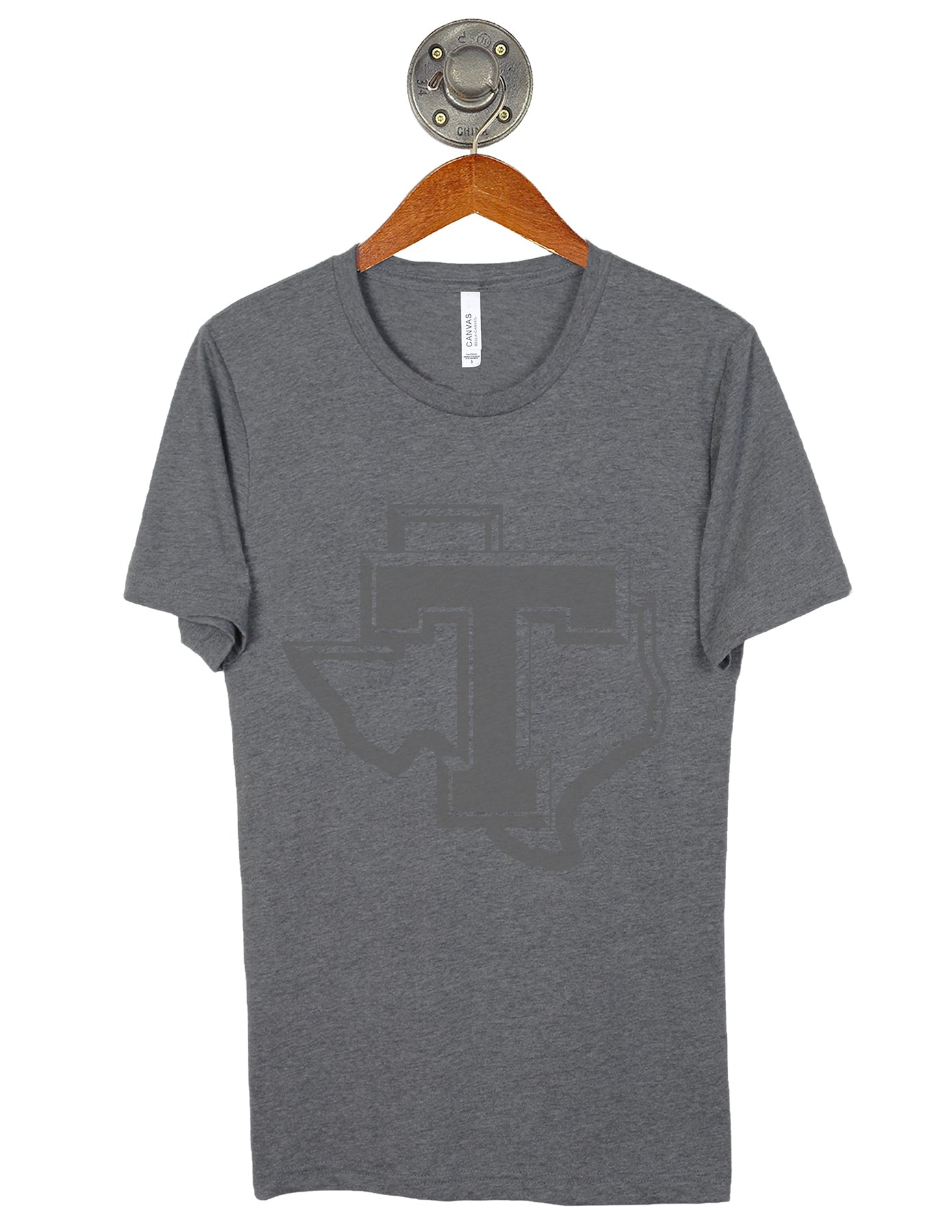 Heather grey Tarleton State University unisex t-shirt that features a large grey Tarleton State logo in the center.