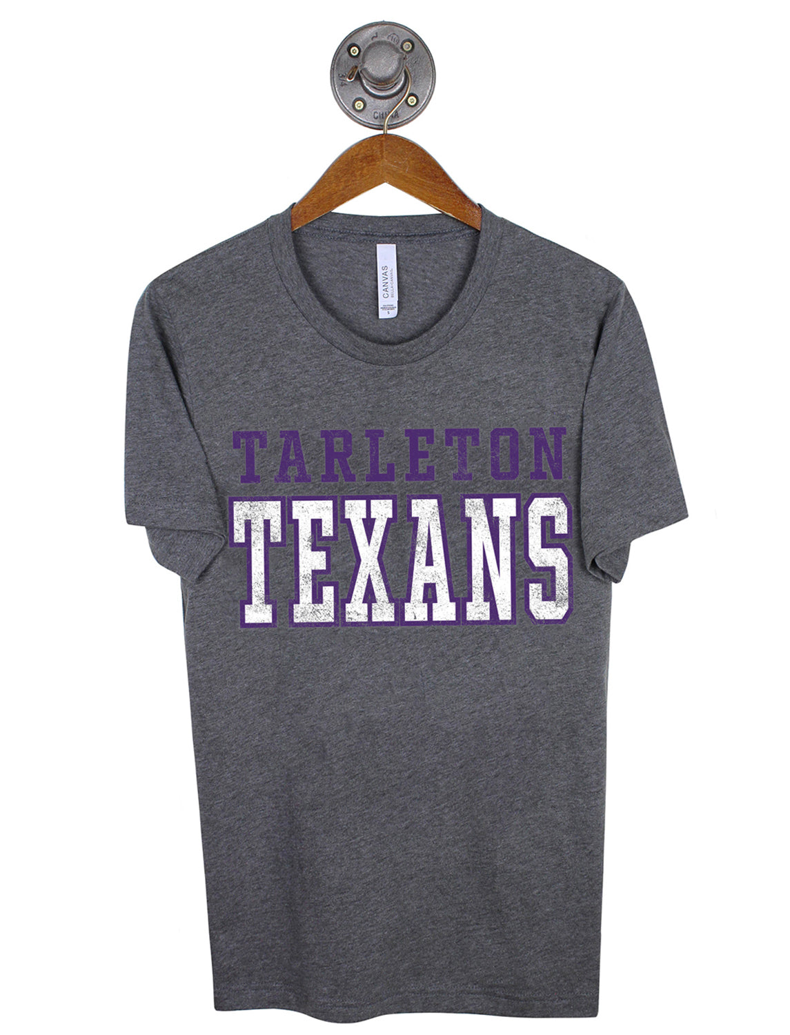 Heather grey Tarleton State University unisex t-shirt that features white and purple lettering.