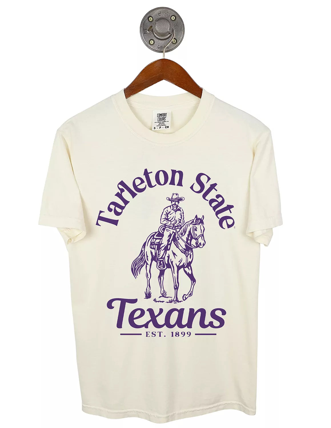 Ivory Tarleton State University Comfort Colors unisex short-sleeve t-shirt featuring a cowboy riding a horse with purple lettering.