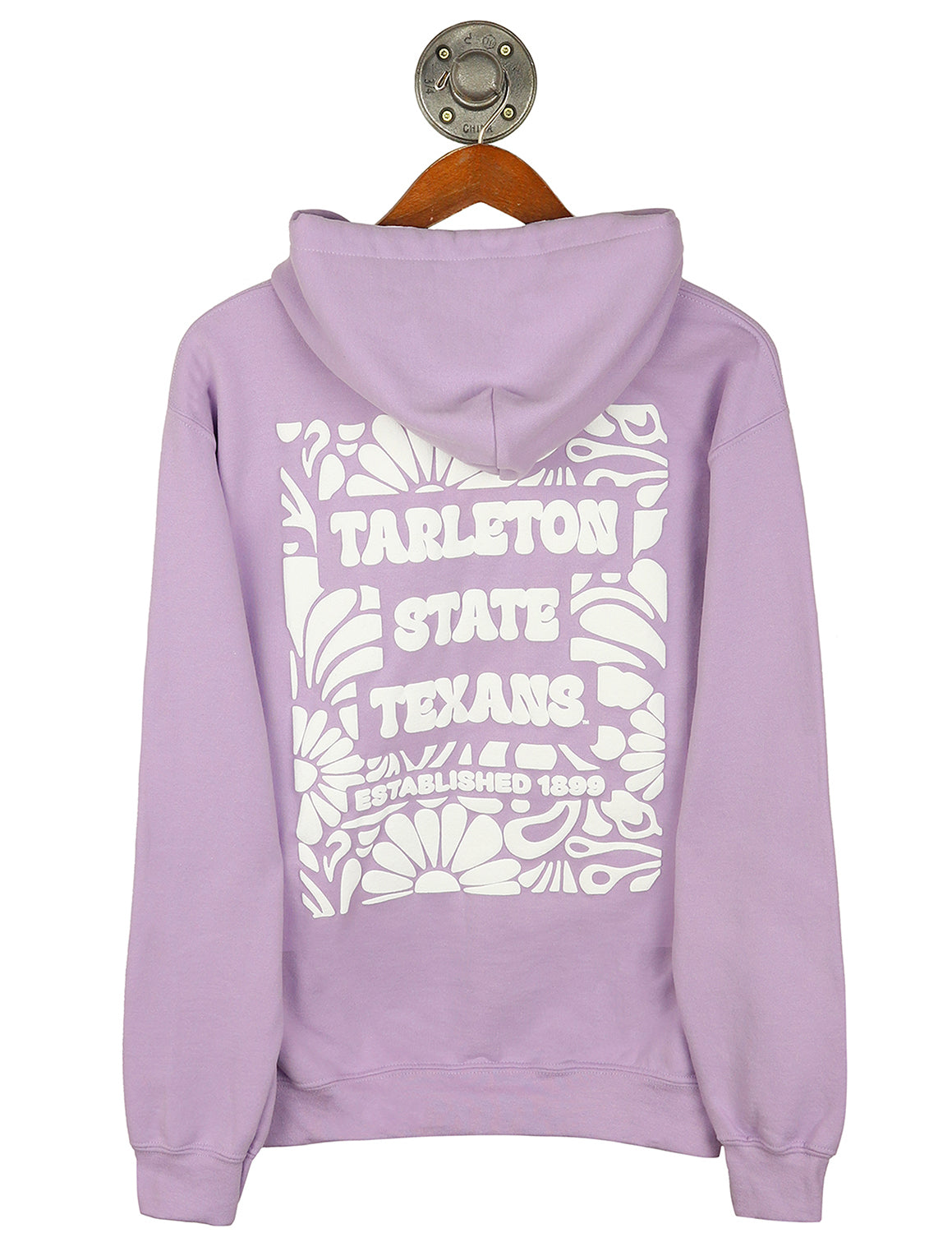 Light purple Tarleton State University unisex hoodie that features a white floral design with white lettering.
