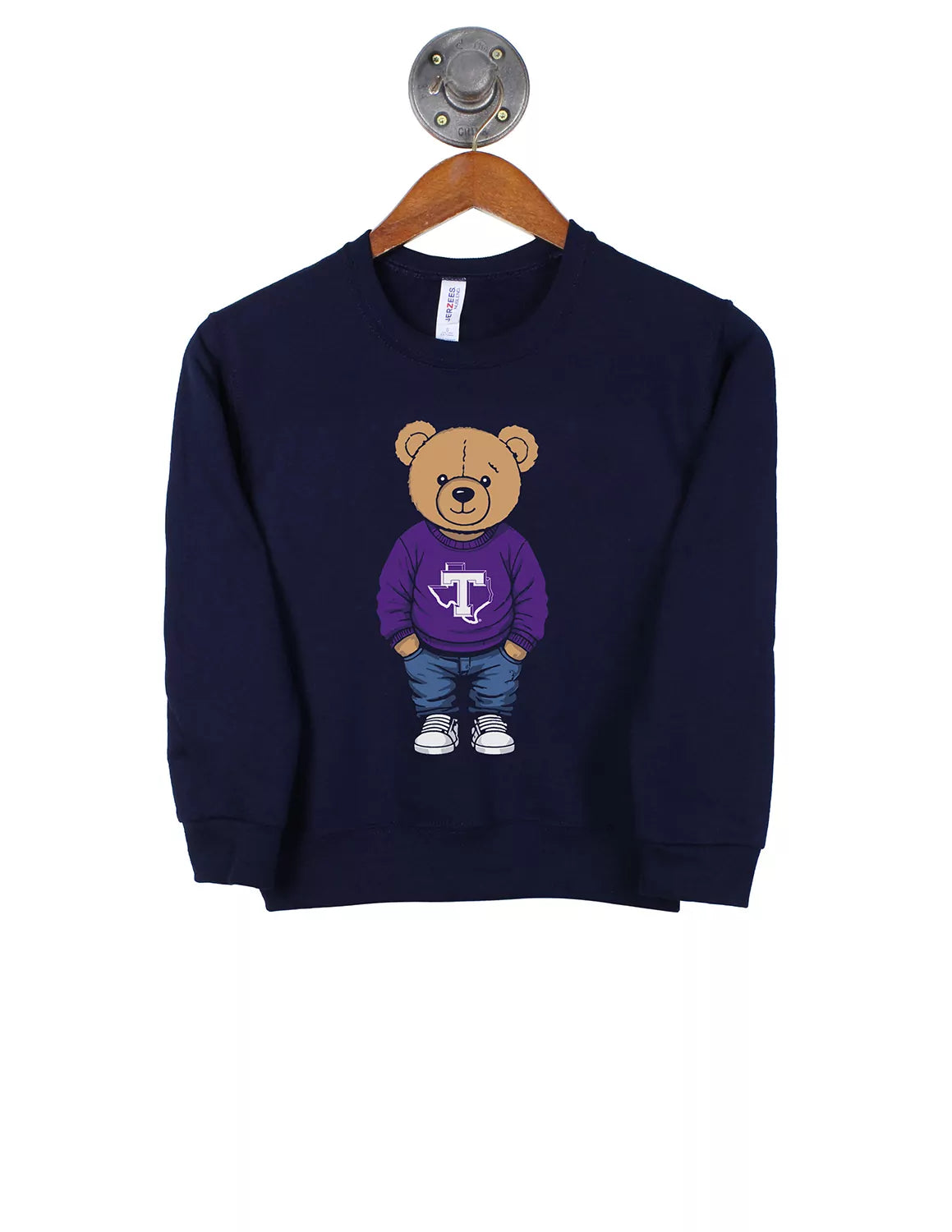 Navy Tarleton State University youth crewneck sweatshirt featuring a teddy bear graphic wearing a purple sweater with a block T logo, blue jeans and white sneakers.