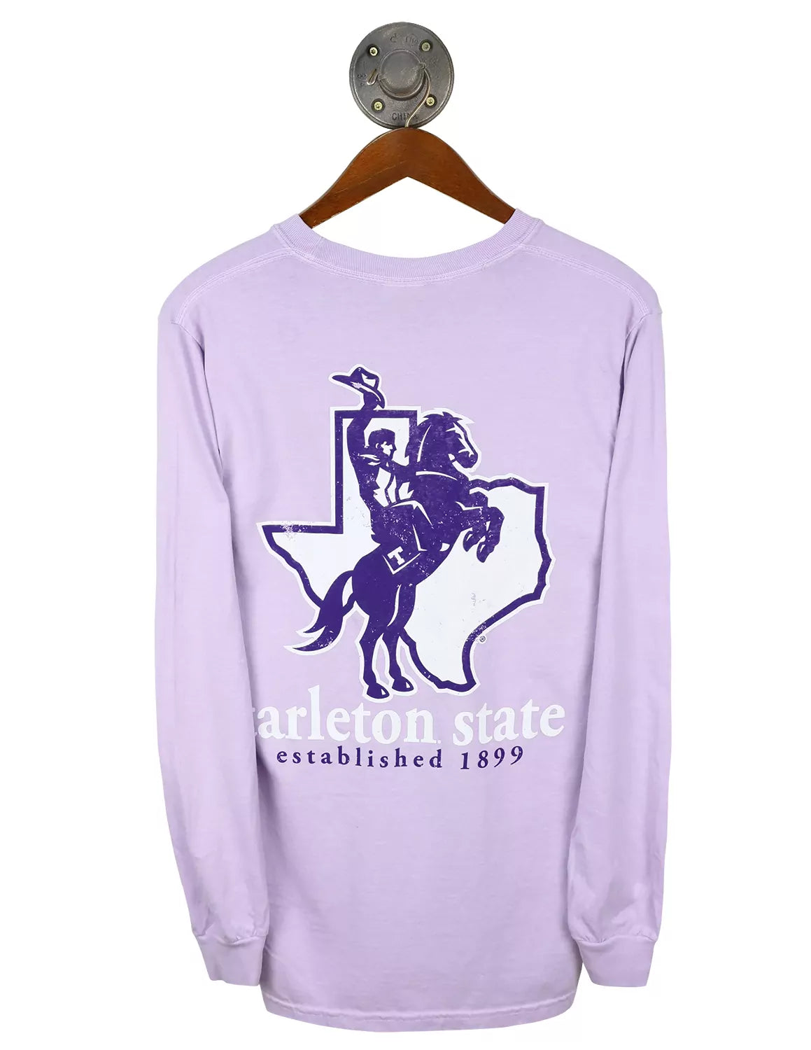 Light purple unisex Tarleton State University long-sleeve t-shirt that features a large Texan Rider logo with purple and white lettering.