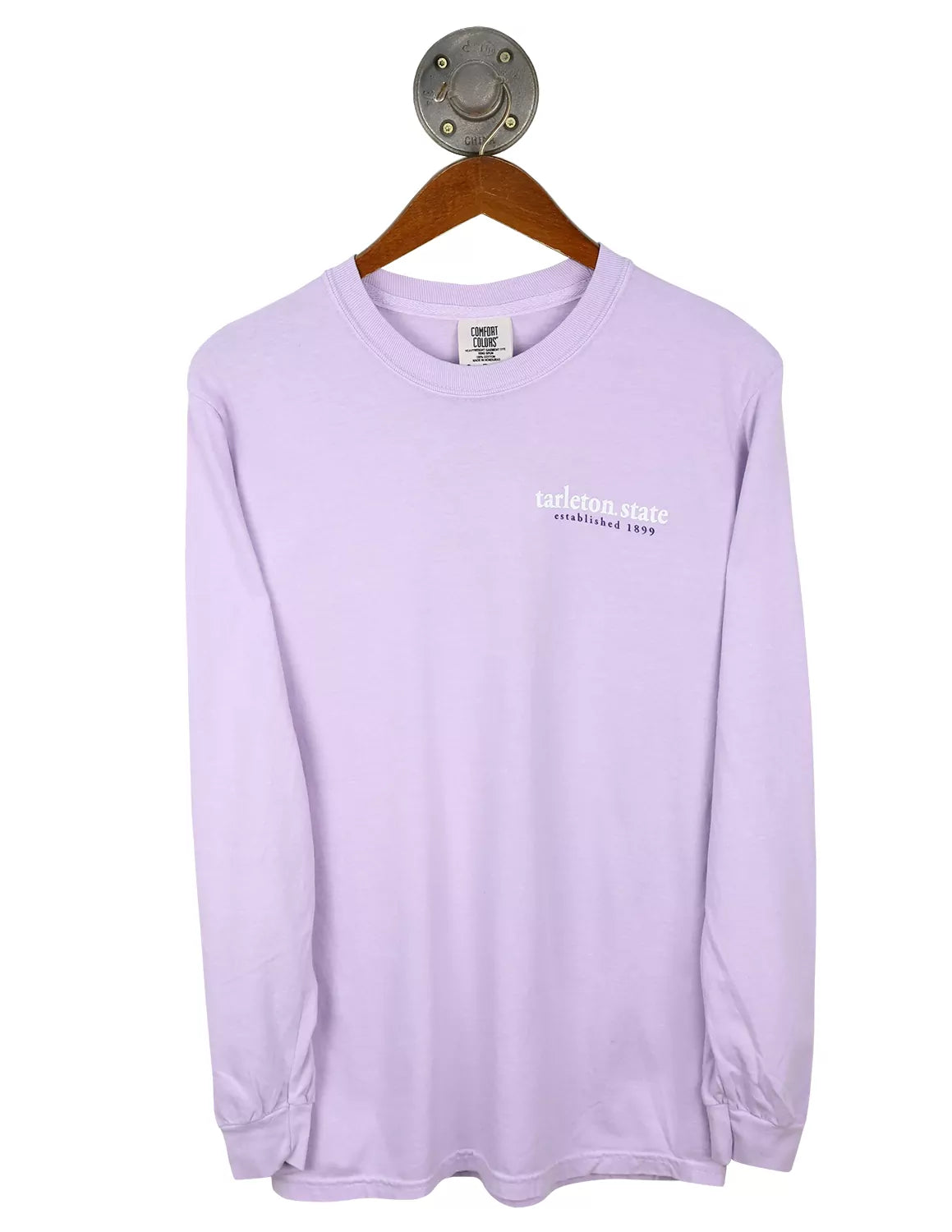 Light purple unisex Tarleton State University long-sleeve t-shirt that features a left chest design with purple and white lettering.