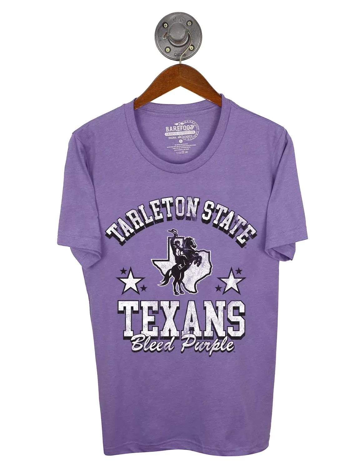 Purple Tarleton State University unisex t-shirt featuring a Texan Rider logo in the middle with black and white lettering.