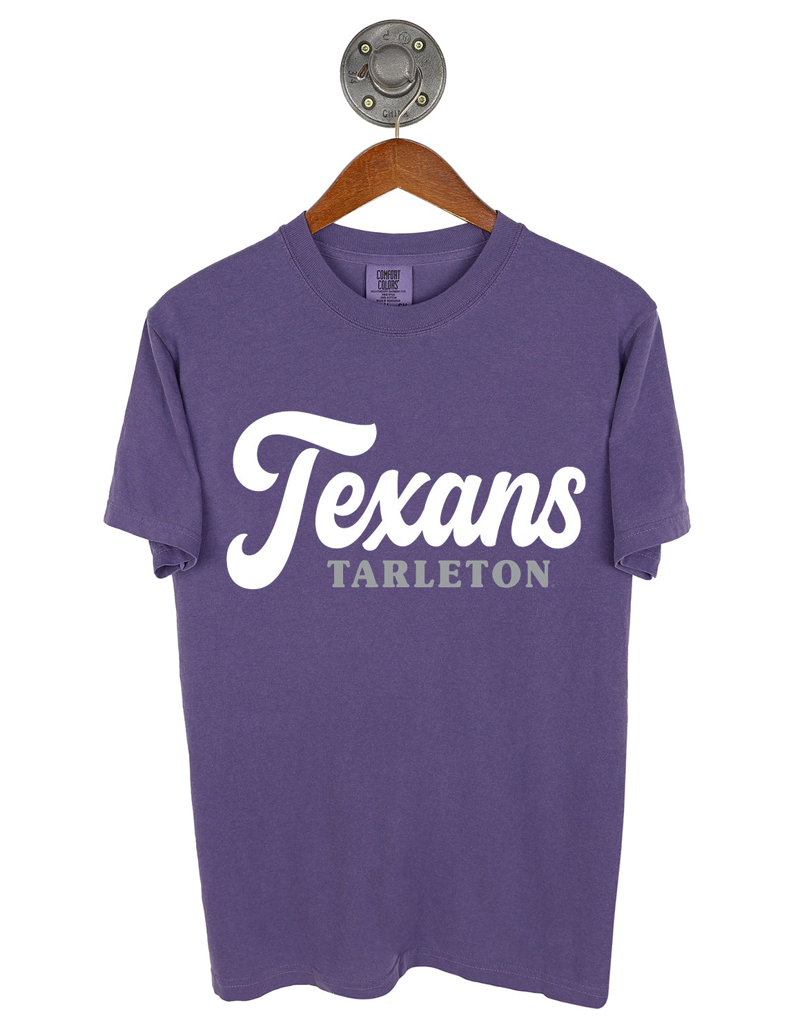 Purple Tarleton State University unisex Comfort Colors t-shirt that features white and grey lettering on the front.