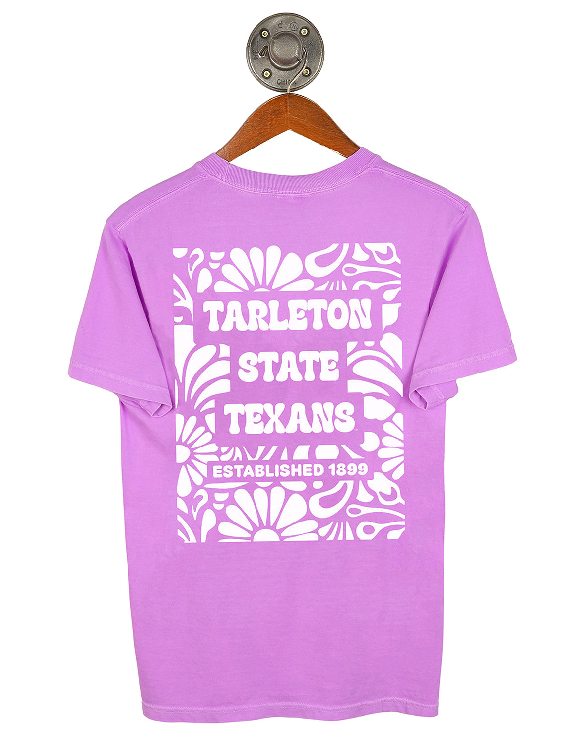 Back-view of violet Tarleton State University unisex Comfort Colors t-shirt that features a white floral design with white lettering.