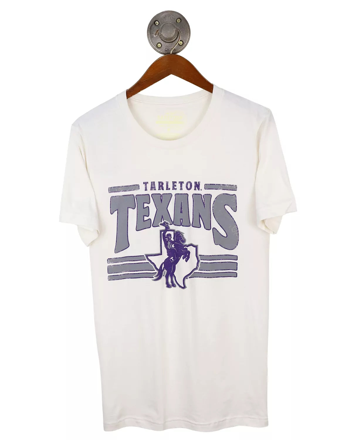 White unisex Tarleton State University t-shirt featuring a Texan Rider logo and purple and grey lettering.
