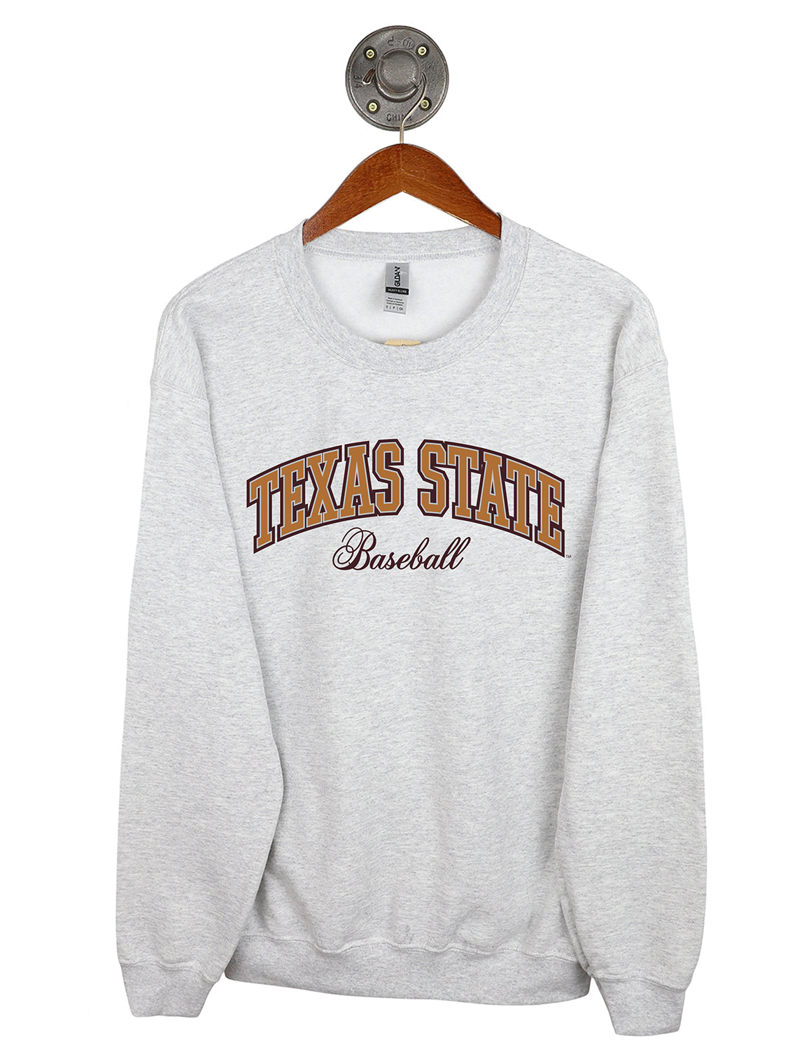 Ash grey Texas State University unisex Gildan crewneck sweatshirt that features "Texas State Baseball" text in gold and maroon lettering.