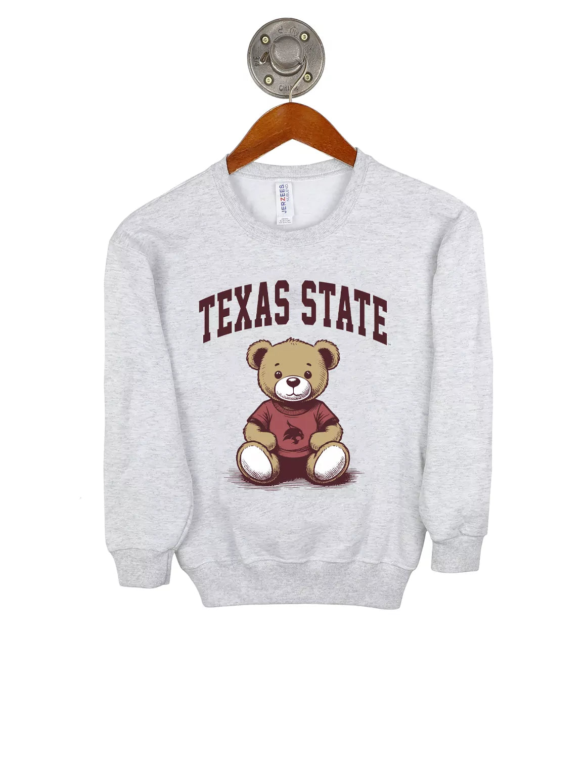 Ash grey Texas State University youth crewneck sweatshirt featuring a teddy bear graphic and maroon lettering.