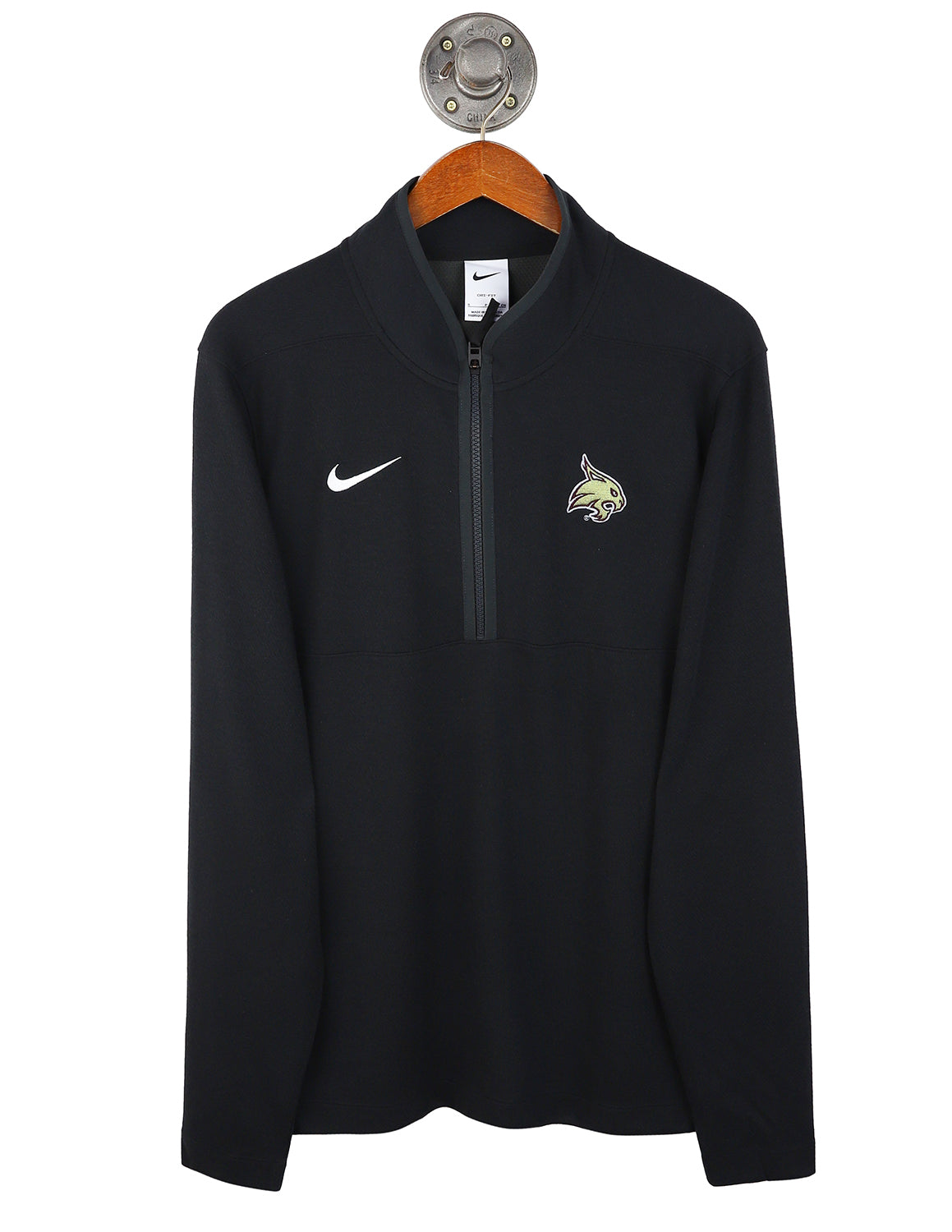 Black Texas State University Nike men's quarter-zip pullover that features a Texas State logo on the left chest.