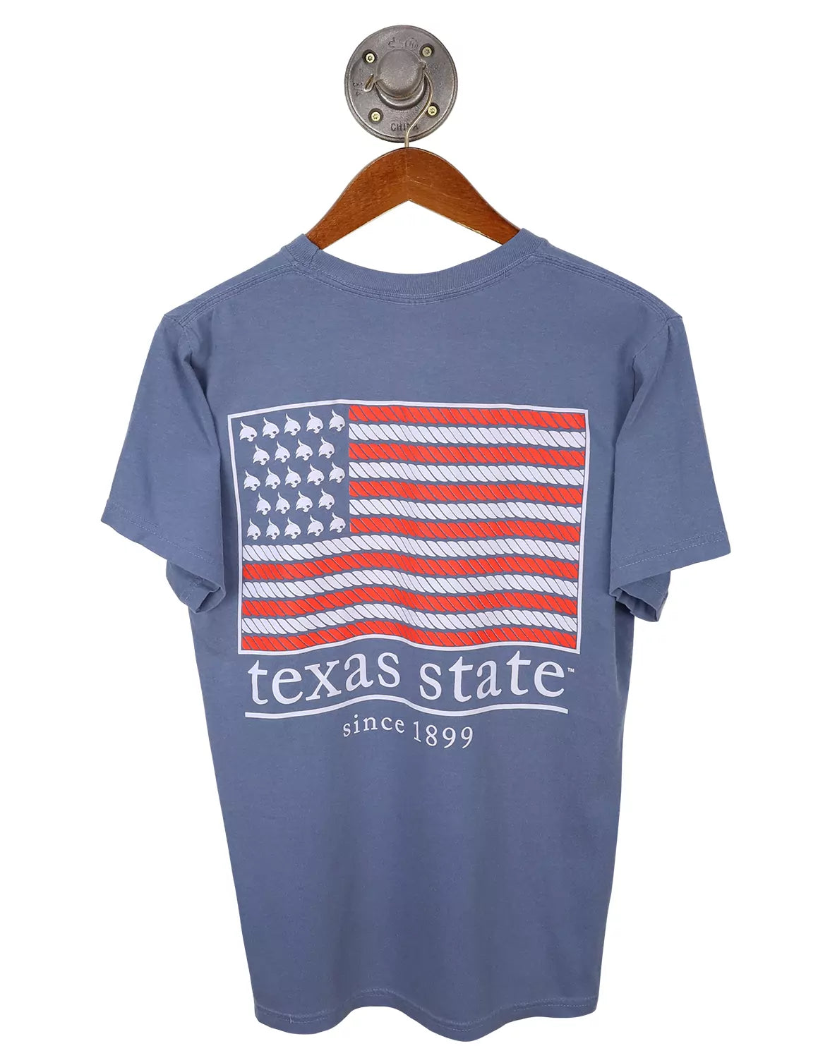 Blue unisex Texas State University Comfort Colors t-shirt that features a large American flag graphic with white lettering underneath.