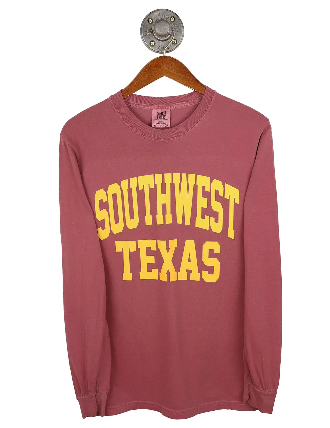 Brick Texas State University Comfort Colors unisex long-sleeve t-shirt with gold lettering.