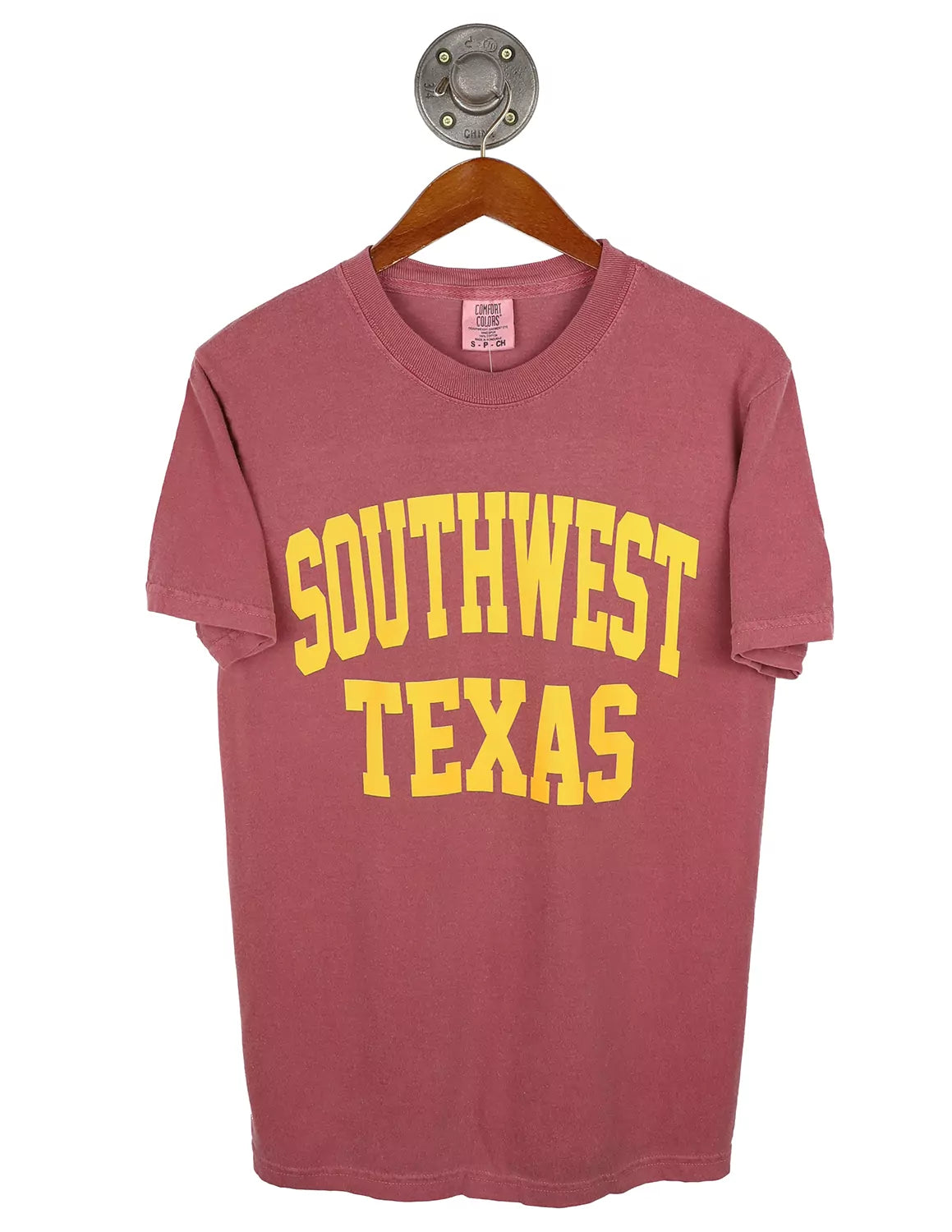 Brick Texas State University Comfort Colors unisex short-sleeve t-shirt with gold lettering.