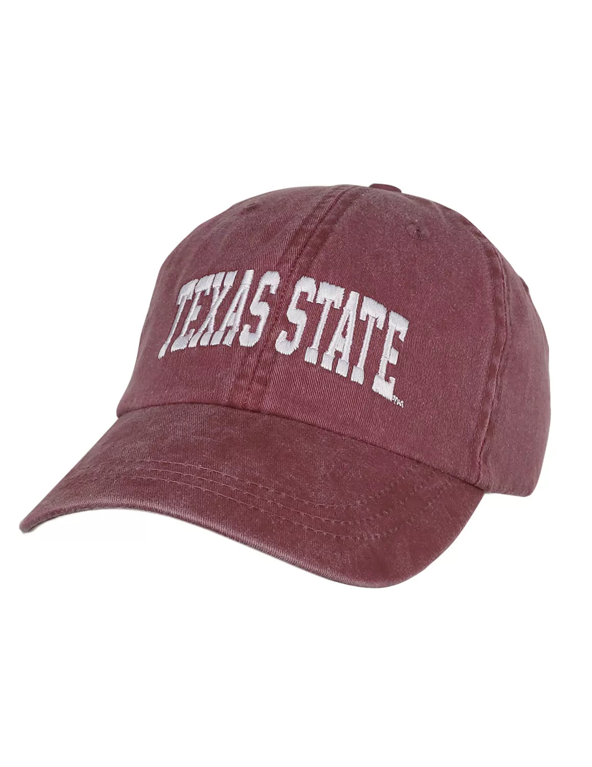Burgundy Texas State University adjustable unisex hat that features white stitching.