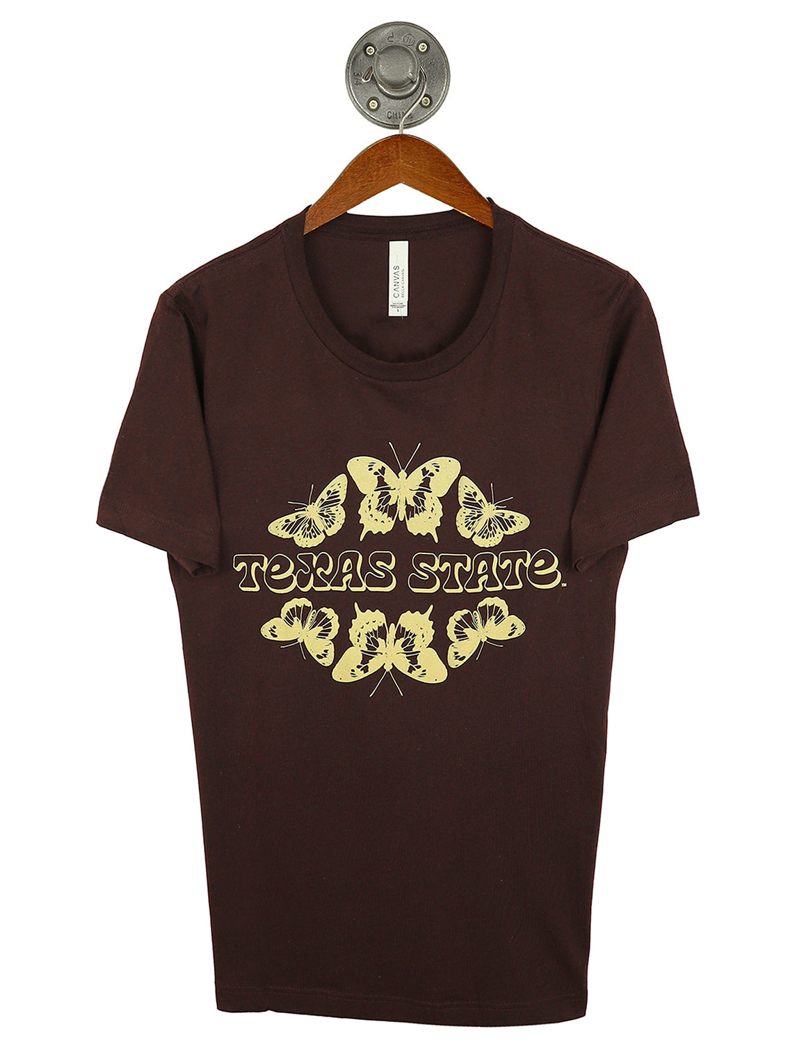 Dark maroon Texas State University unisex t-shirt that features a gold butterfly graphic and gold lettering.