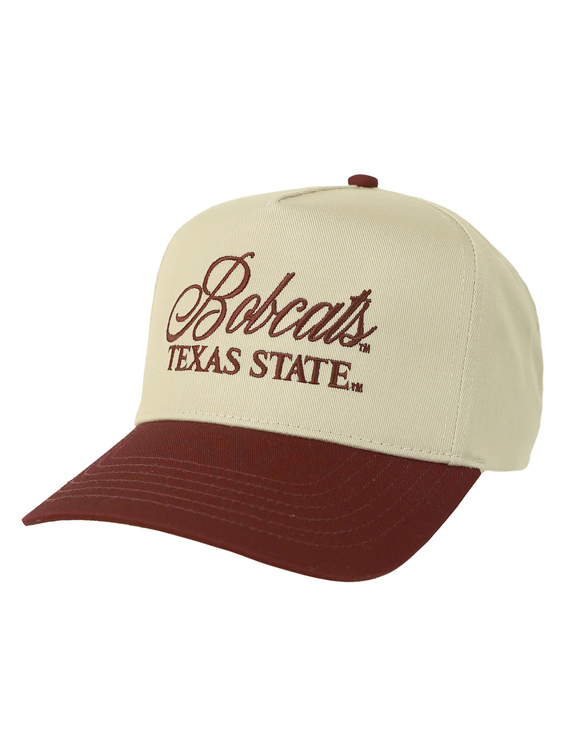 Khaki Texas State University unisex hat that features a maroon brim and maroon embroidery lettering.
