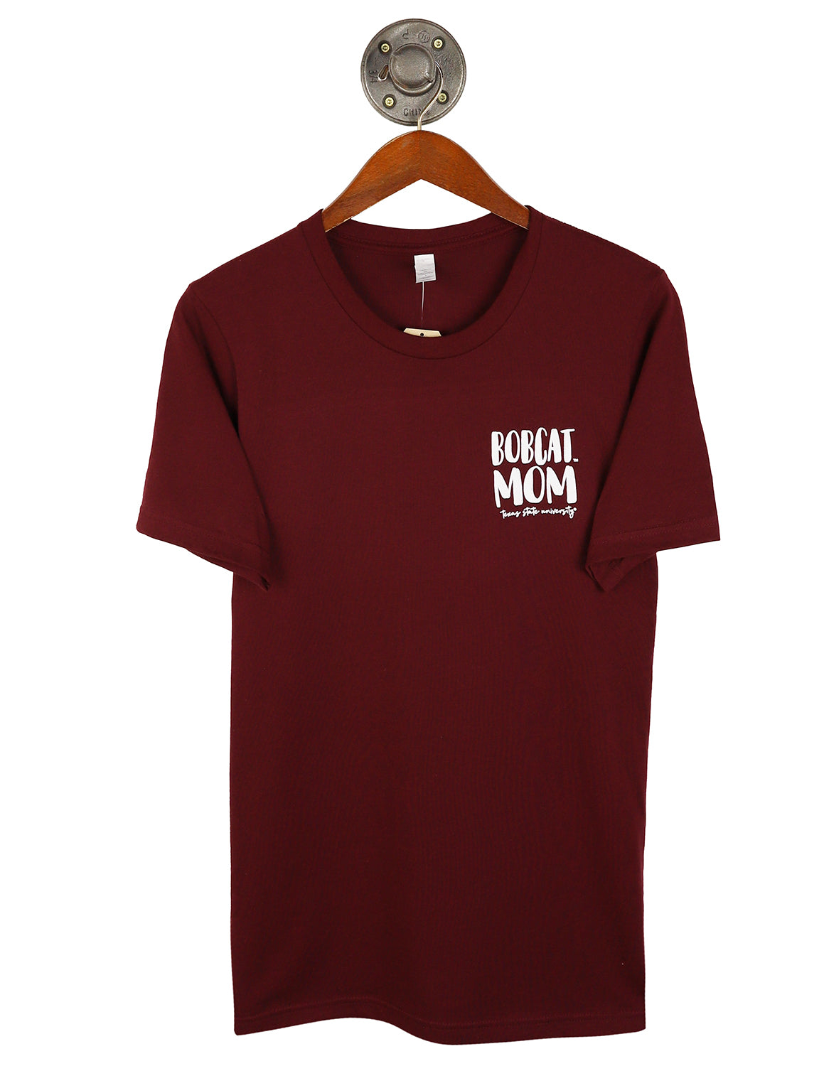 Maroon Texas State University unisex t-shirt that features a left chest design with white "Bobcat Mom" text.