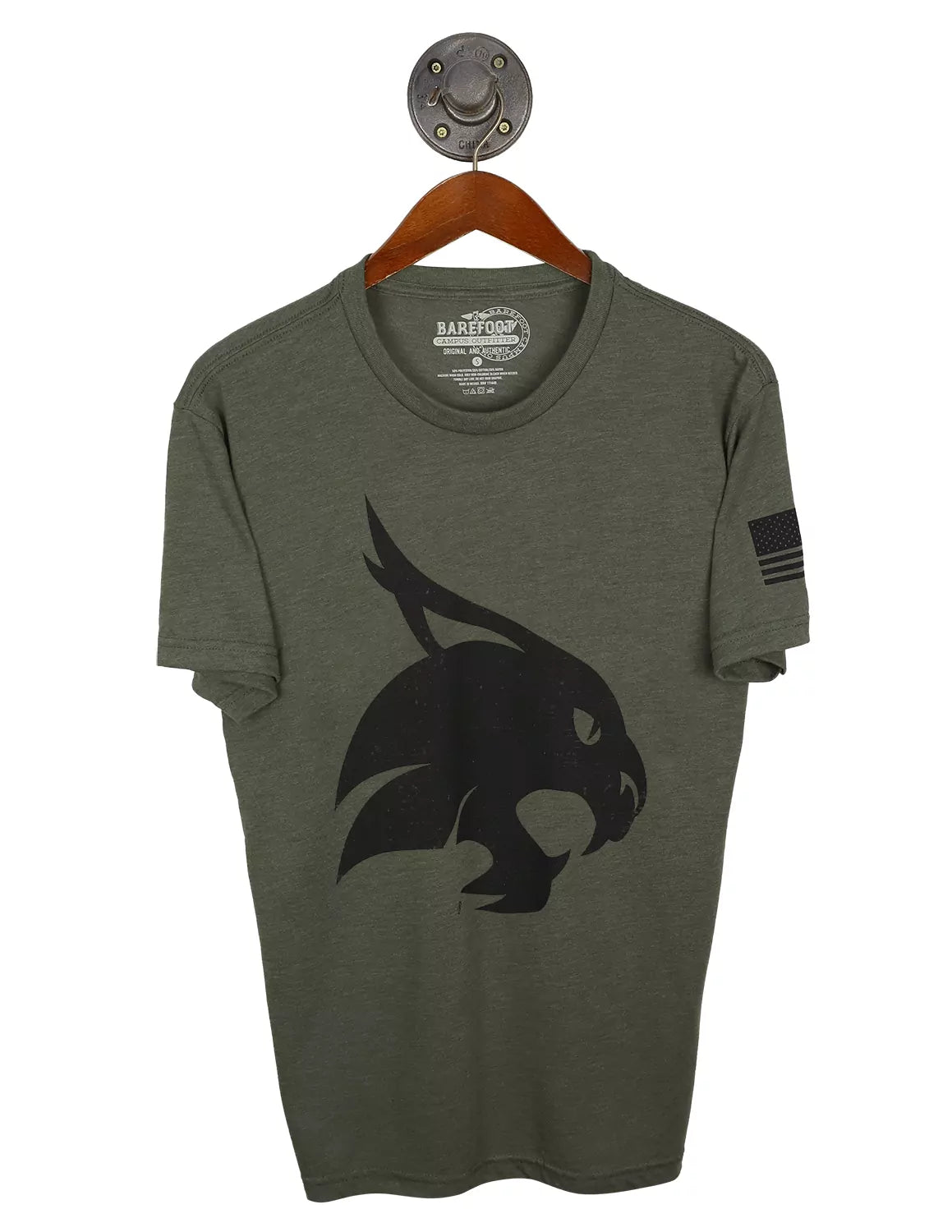 Military green unisex Texas State University t-shirt with a Bobcat logo in the center and an American flag on the sleeve.
