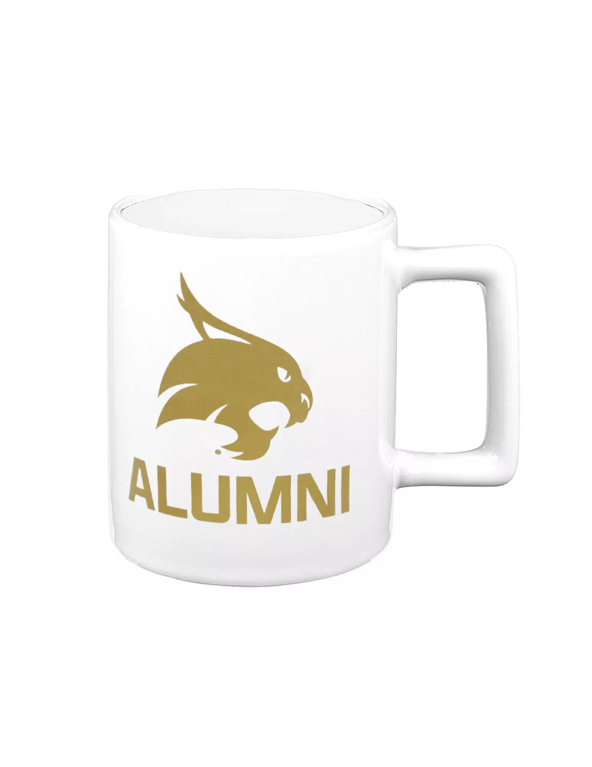 White Texas State University ceramic mug that features "alumni" text with a gold print.