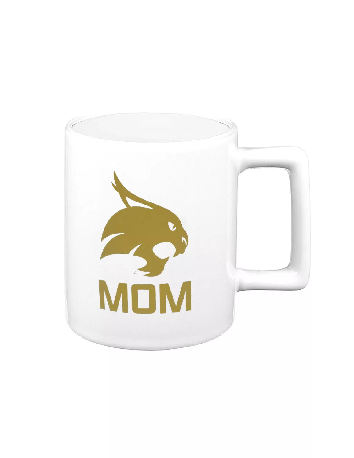 White Texas State University ceramic mug that features a bobcat logo and "mom" text.