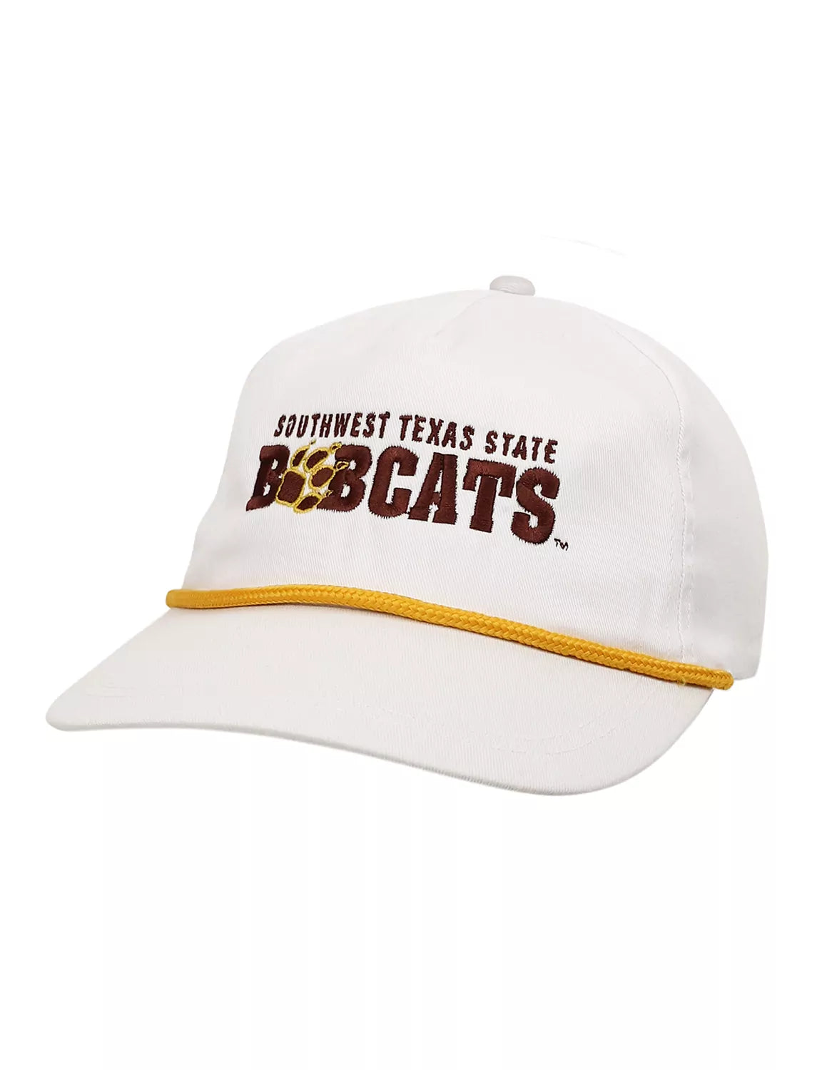White unisex Texas State University rope hat with maroon and gold stitching.