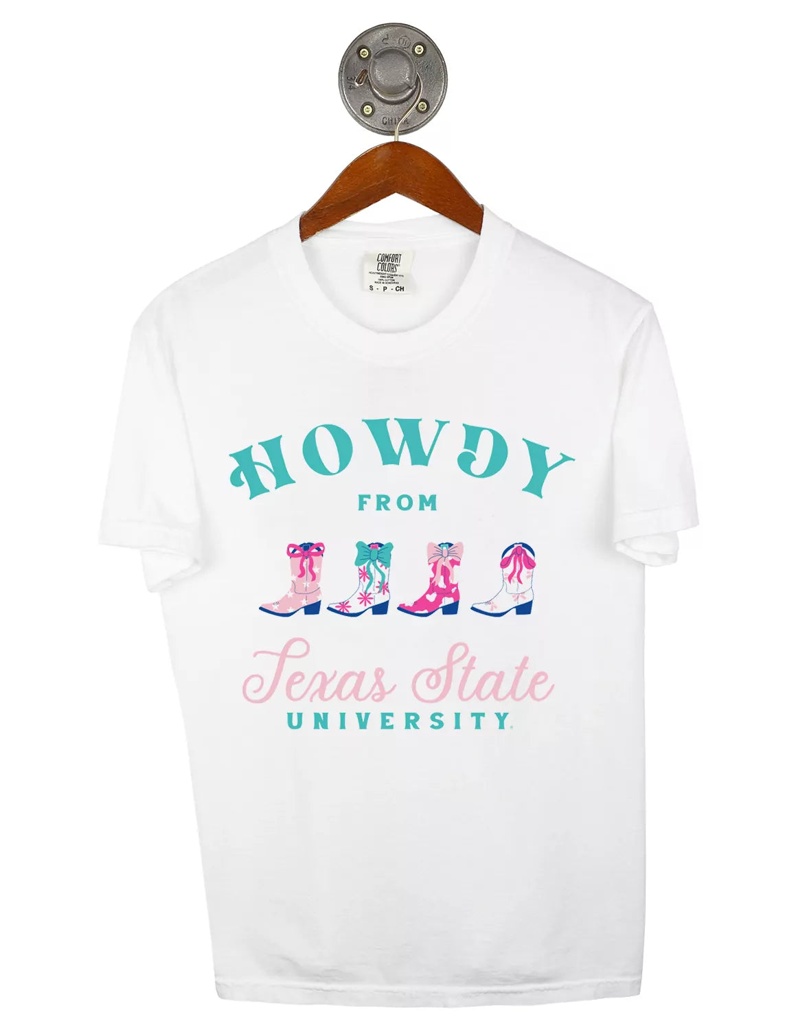 White Texas State University Comfort Colors unisex t-shirt featuring a colorful cowgirl boots graphic with blue and pink lettering.