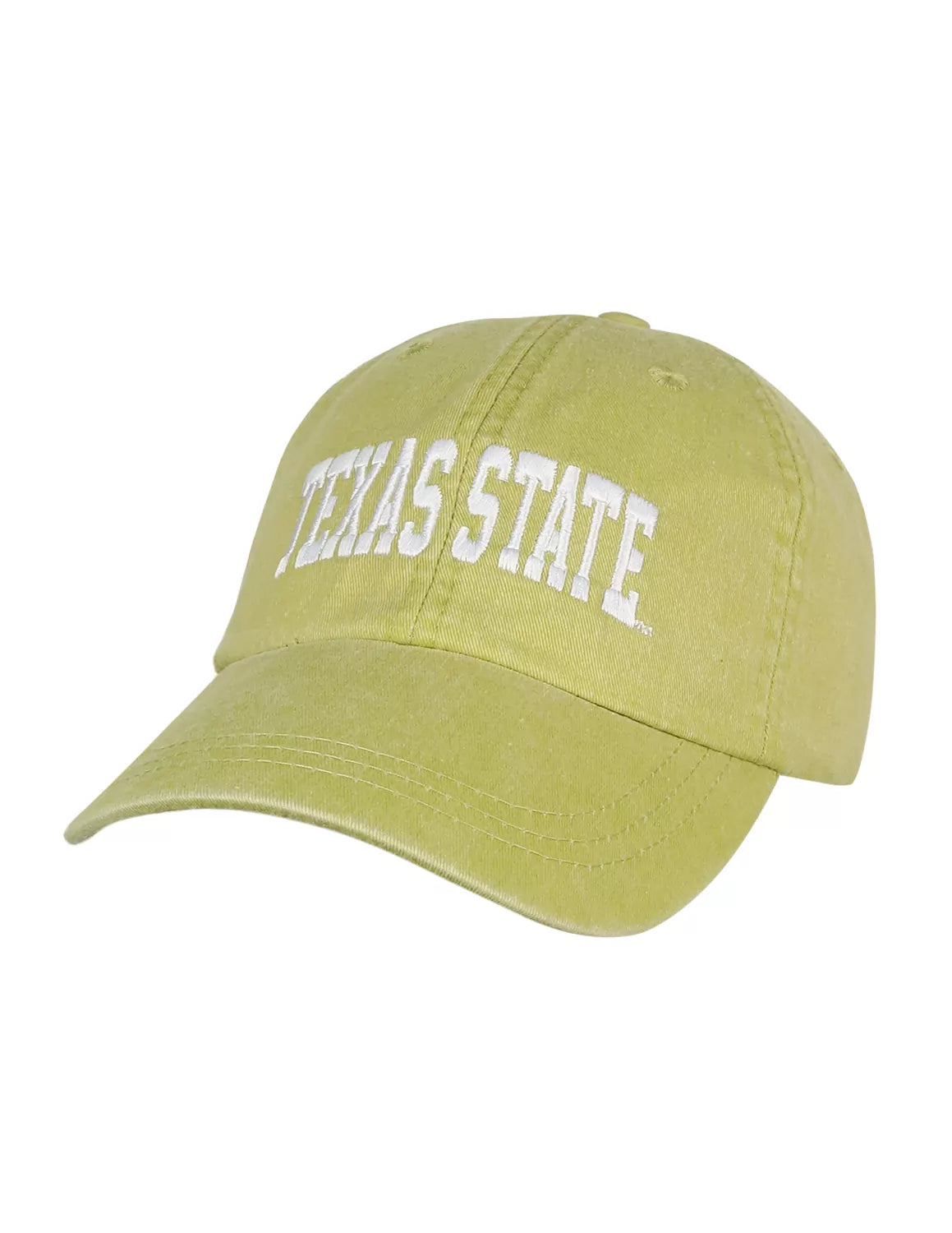 Yellow Texas State University adjustable unisex hat that features white stitching.