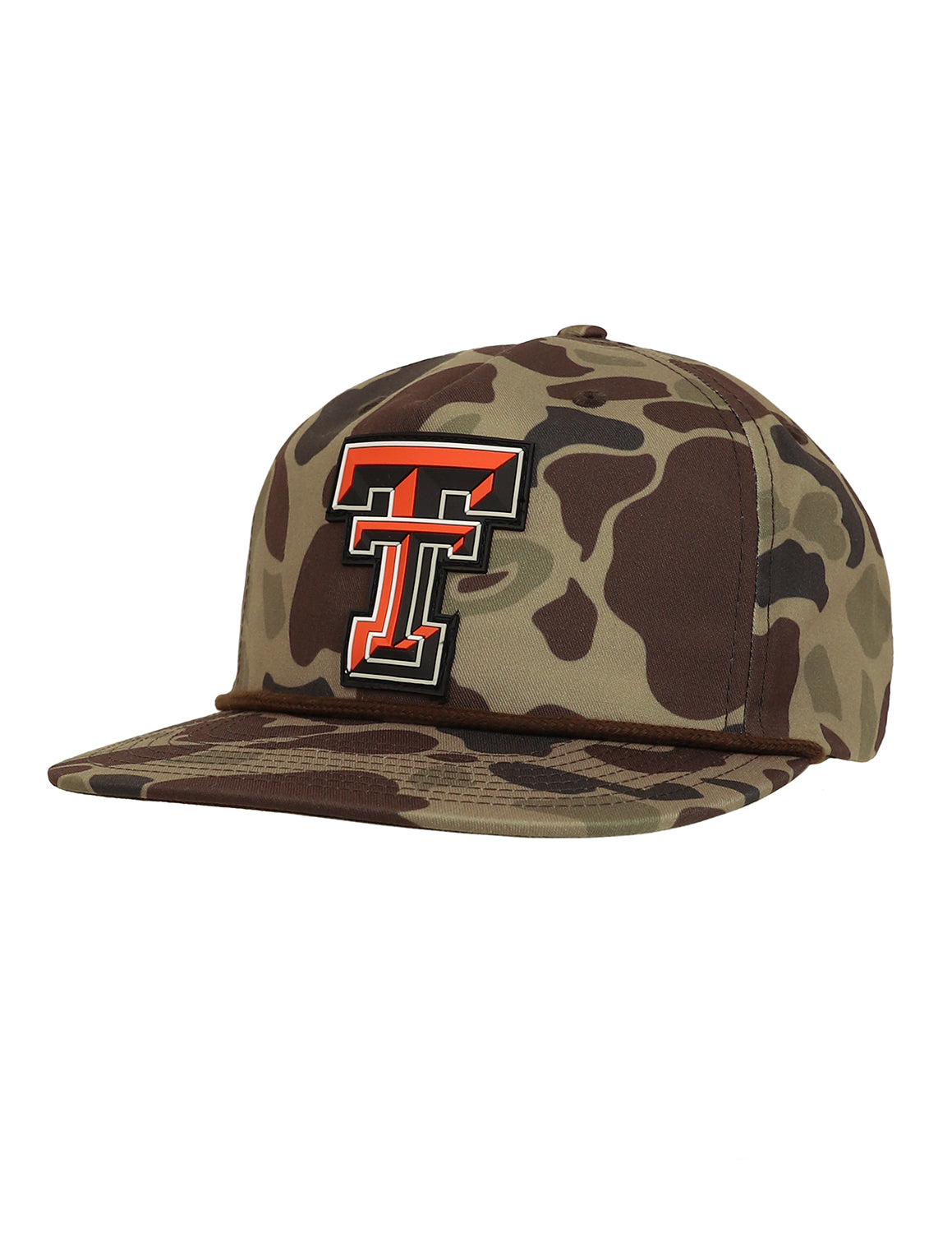 Bark duck camo Texas Tech University rope hat that features a white brim rope detail and a Texas Tech logo on the front.