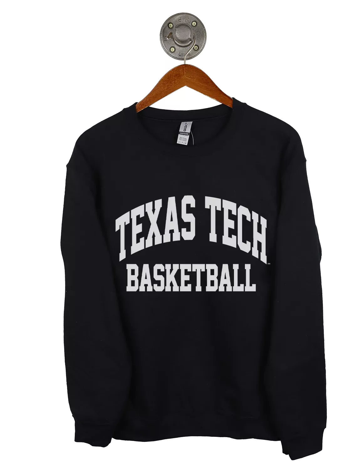 Black Texas Tech University Gildan unisex crewneck sweatshirt with white "Texas Tech Basketball" lettering.