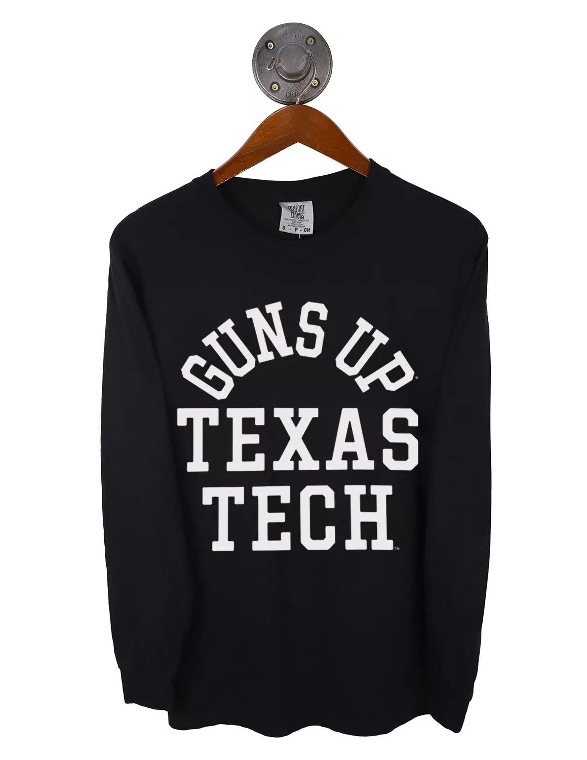 Black unisex Texas Tech University long-sleeve shirt with white lettering.