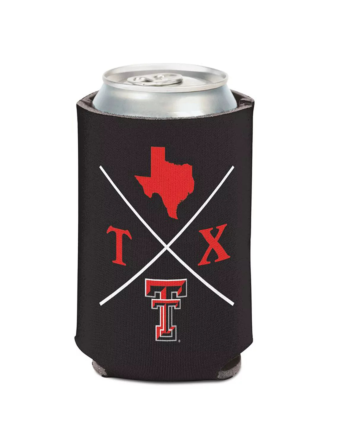 Black double-sided Texas Tech University can koozie that features a Texas State graphic and lettering with a Texas Tech logo.